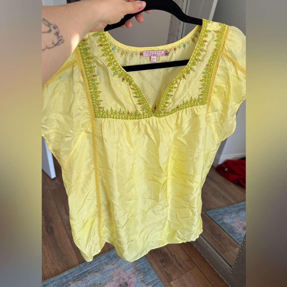 Calypso St. Barth Yellow Silk Embroidered Peasant Blouse M